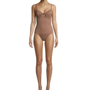 NWT TIME AND TRU UNDERWIRED SMOCKED LACE UP FRONT BOW ONE PIECE SWIMSUIT SIZE S